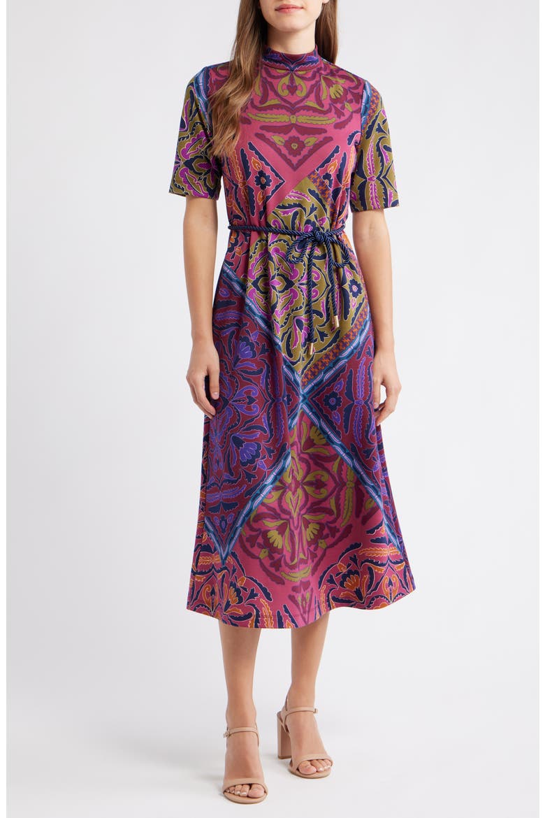 Print Tie Belt Midi Dress, Main, color, DISTANT MOUNTAIN MULTI