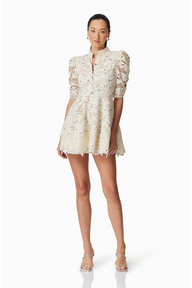 Kyla Puff Sleeve Lace Fit & Flare Minidress, Alternate, color, IVORY MULTI