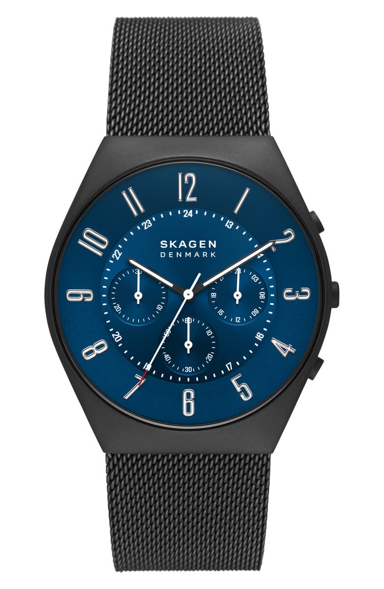 Skagen Grenen Midnight Mesh Strap Chronograph Watch, 42mm, Main, color,