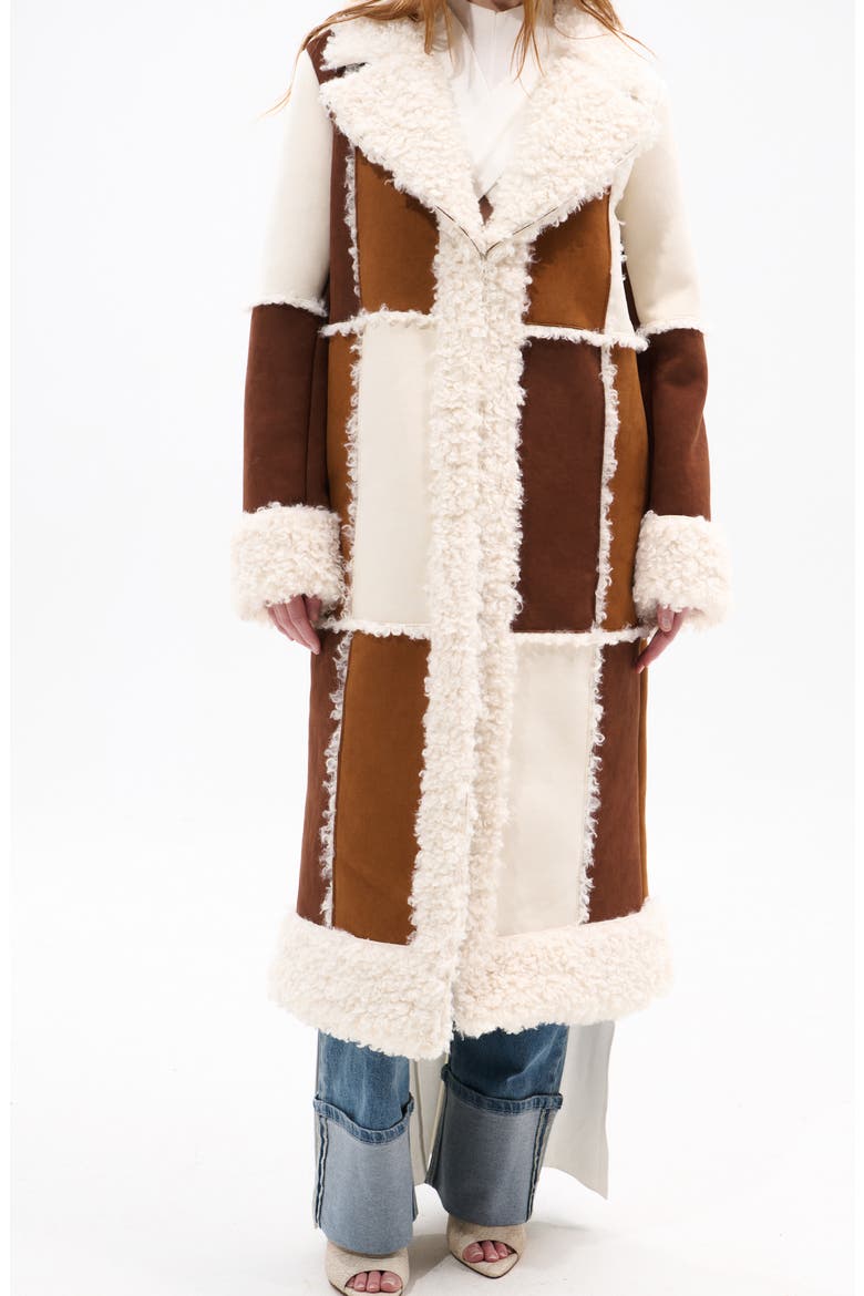 Telluride Longline Patchwork Coat with Faux Fur Collar, Alternate, color, BROWN MULTI