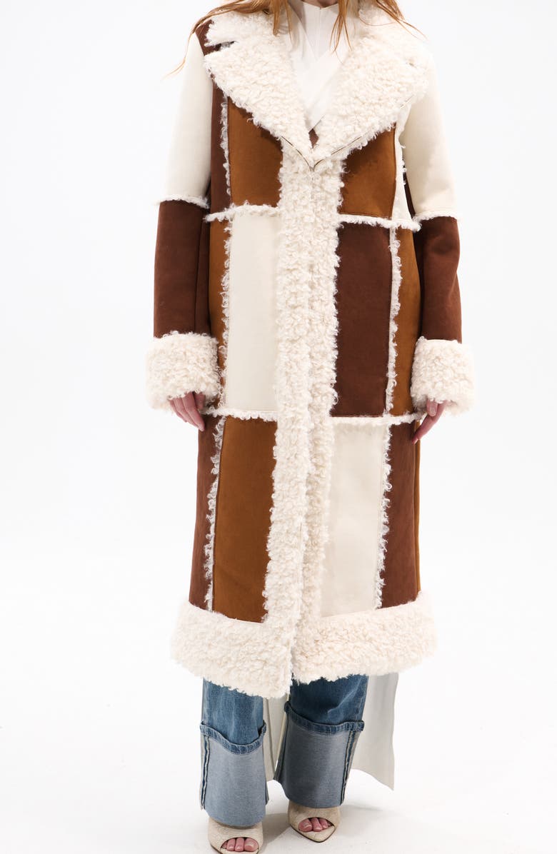 AZALEA WANG Telluride Longline Patchwork Coat with Faux Fur Collar, Alternate, color, Brown Multi