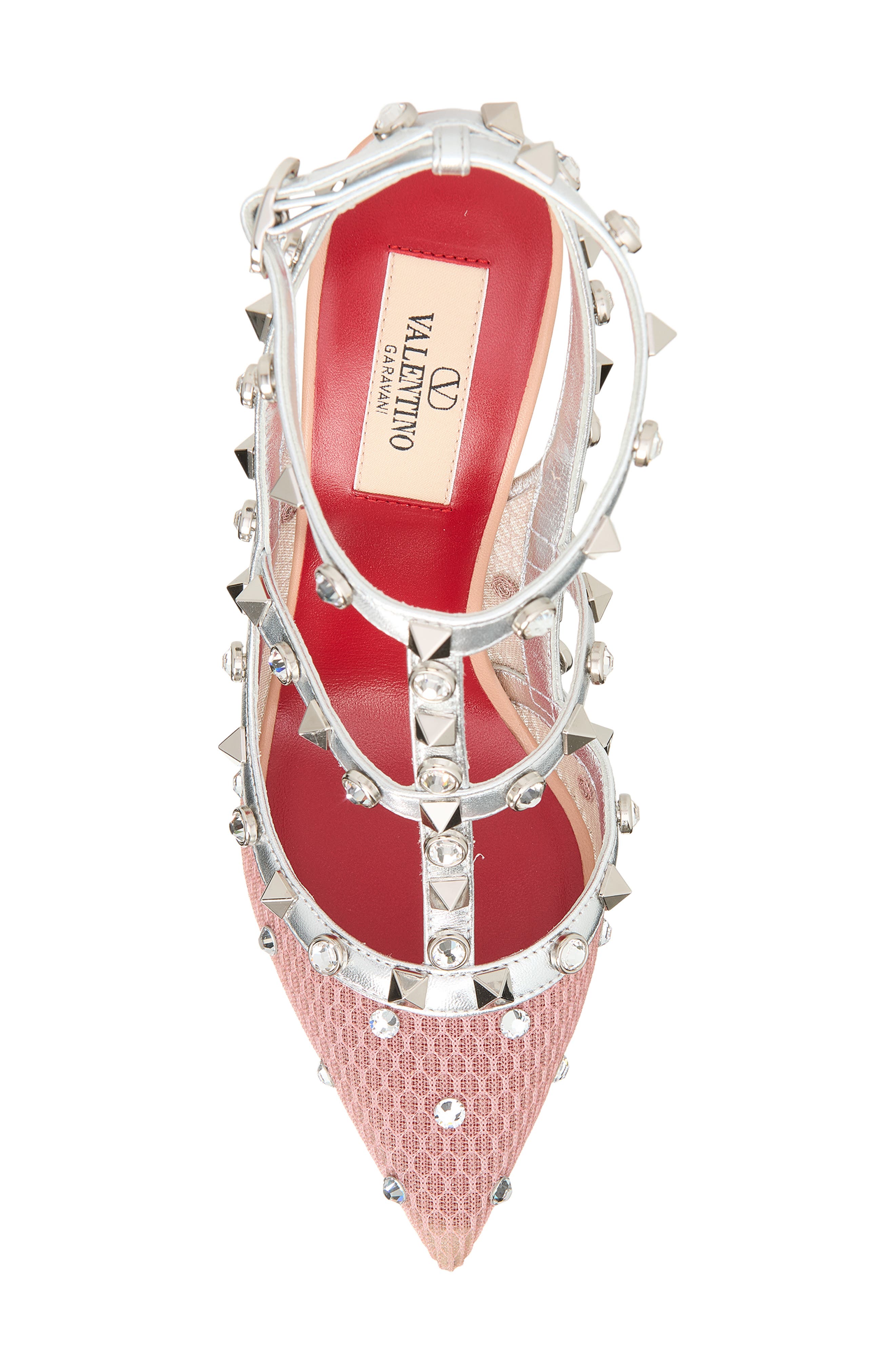 Valentino Garavani Rockstud Ankle Strap Pointed Toe Pump, Alternate, color, Pink