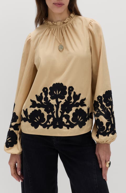 Floral Embroidered Mock Neck Top