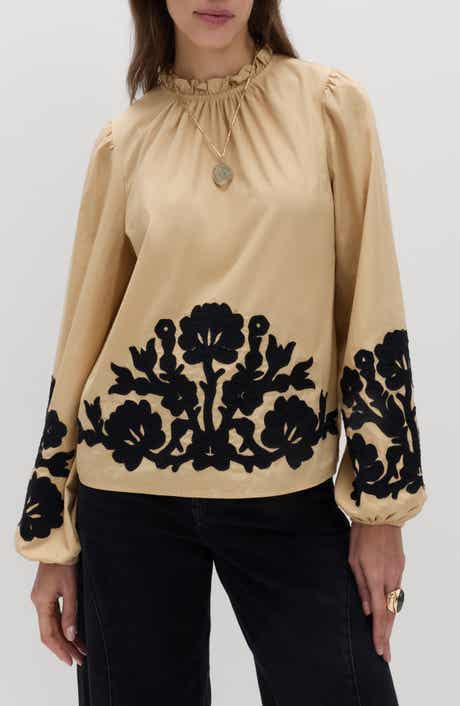 Floral Embroidered Mock Neck Top