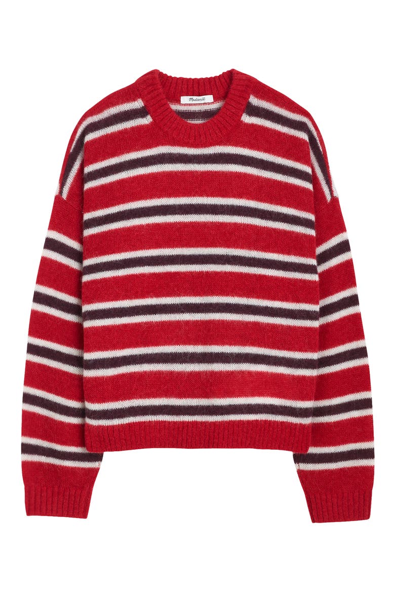 Stripe Crewneck Sweater in Alpaca Blend, Alternate, color, CRIMSON TRIO STRIPE