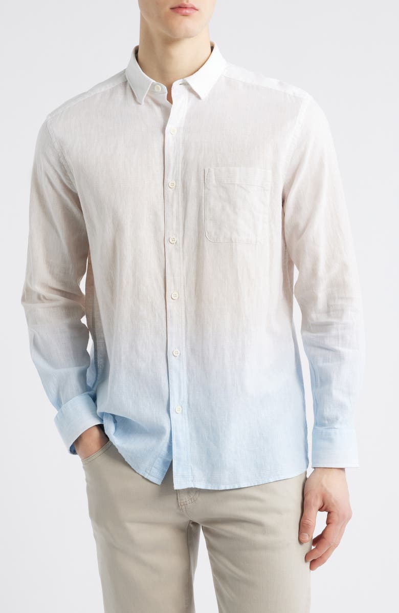 Johnston & Murphy Ombré Linen & Cotton Button-Up Shirt, Main, color, Tan/Blue