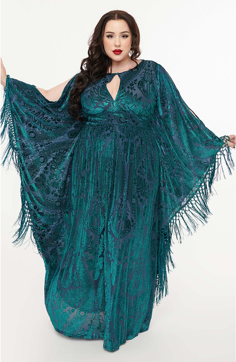 Unique Vintage Plus Size 1960s Fringe Flutter Sleeve Caftan, Main, color, Emerald Floral