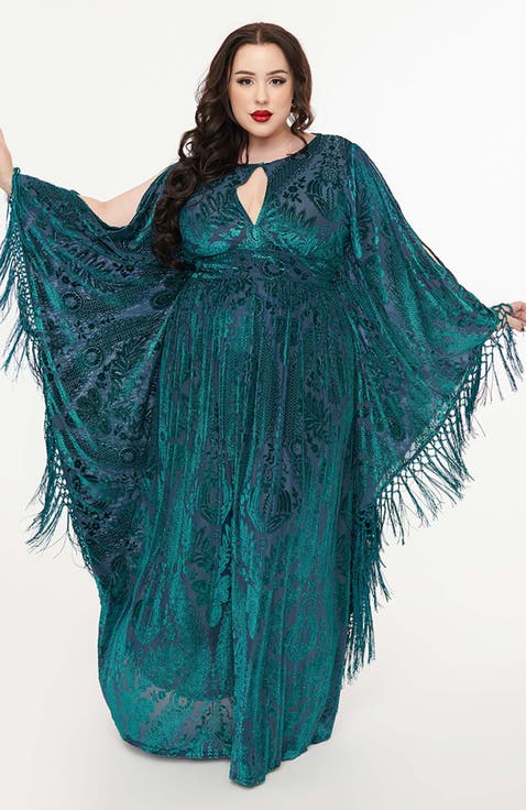 Plus Size 1960s Fringe Flutter Sleeve Caftan