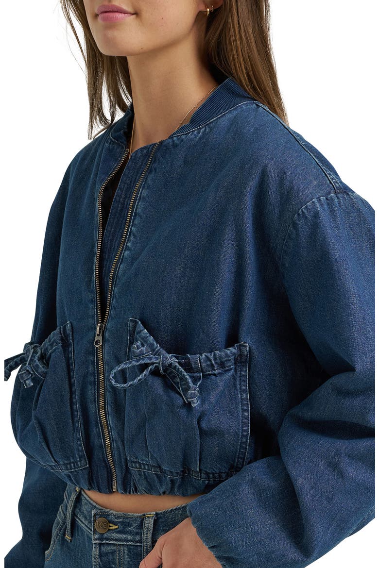 Oversize Bubble Hem Denim Bomber Jacket, Alternate, color, MID PACIFIC