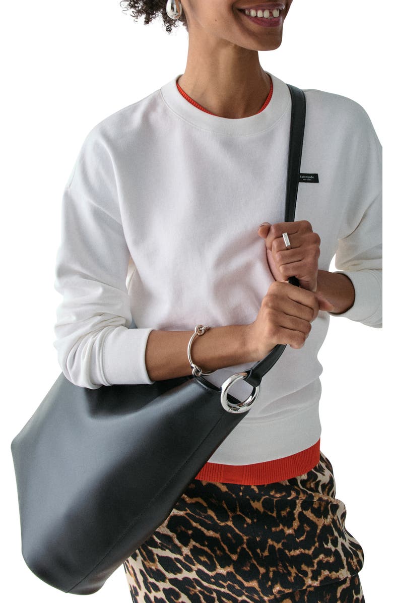 Kate Spade New York large halo fine grain leather bucket bag, Alternate, color, Black