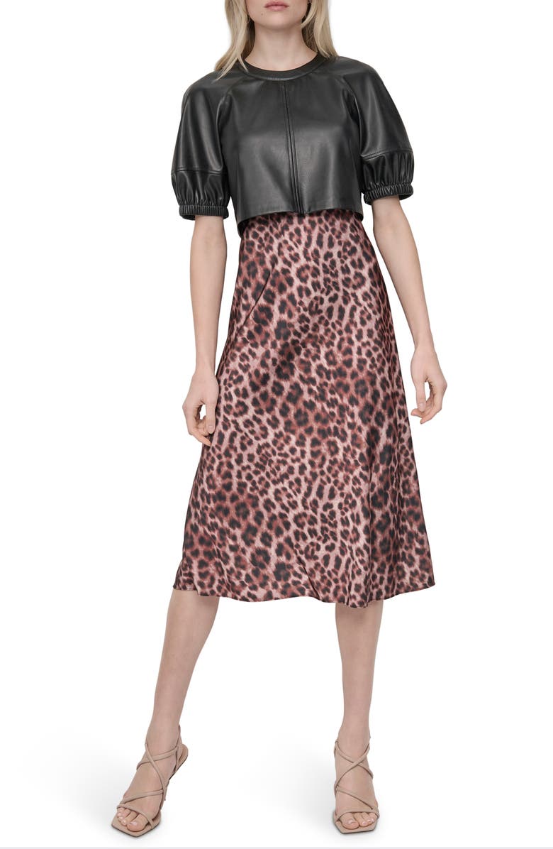 DKNY Short Sleeve Mixed Media Midi Dress, Main, color, Travertn M