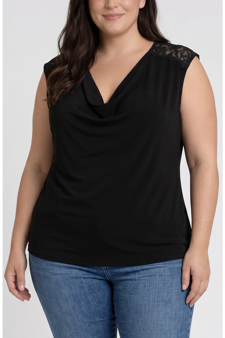 Draped Neck Lace Trim Top, Main, color, BLACK