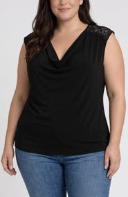 Liverpool Los Angeles Draped Neck Lace Trim Top