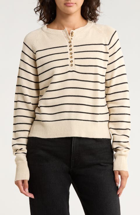 Stripe Cotton Blend Henley Sweater