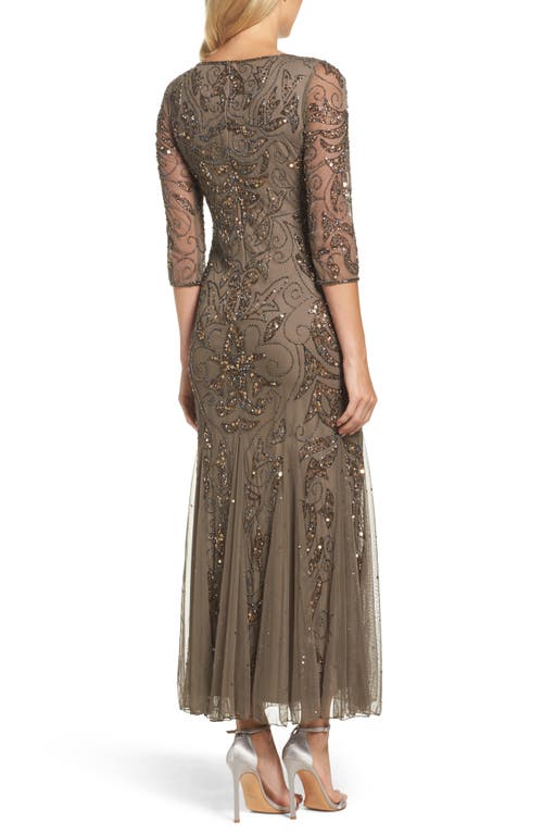 Pisarro Nights Illusion Sleeve Beaded A-line Gown In Brown