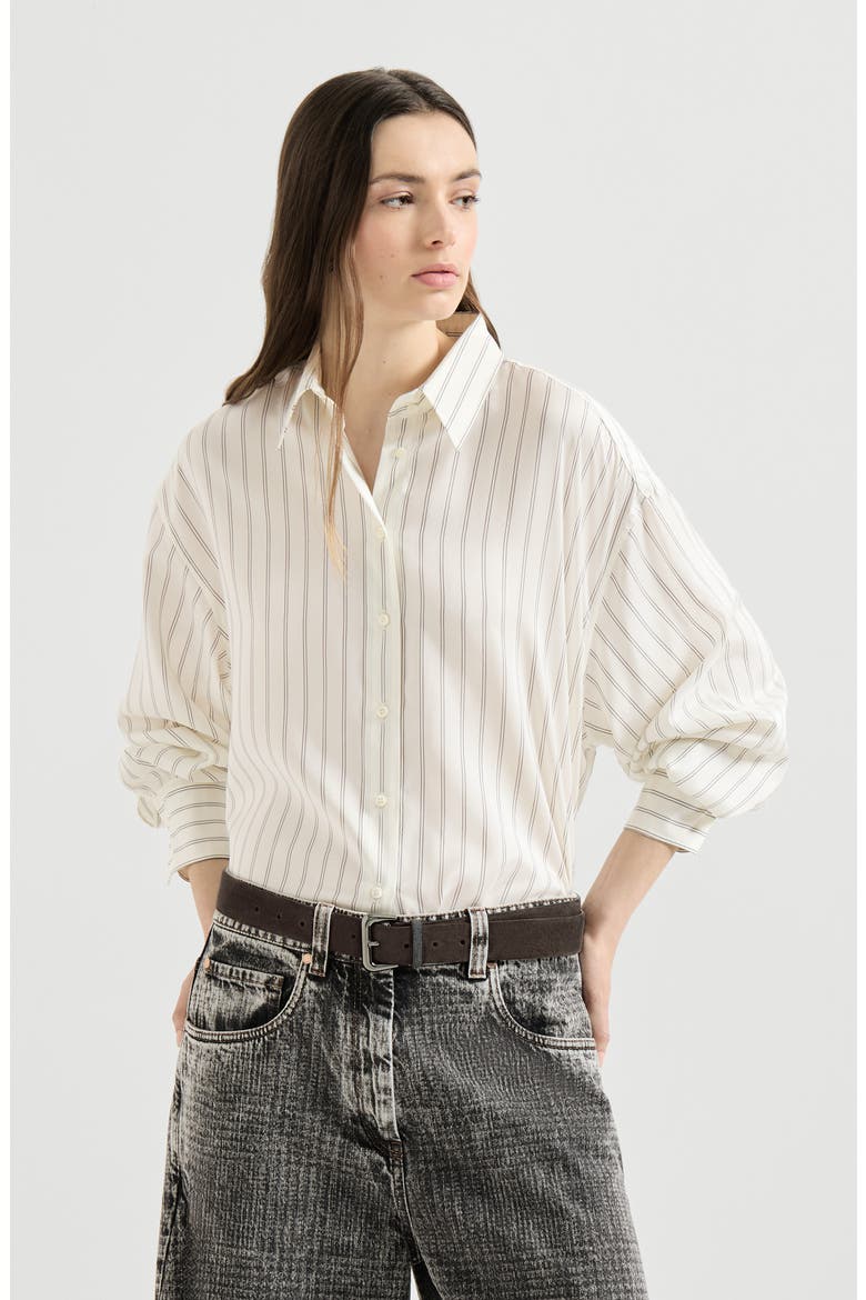Striped silk poplin shirt with monili, Main, color, Butter