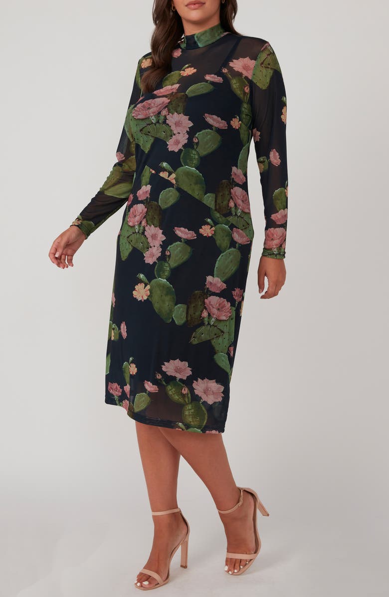 Estelle Mezzanine Cactus Print Long Sleeve Mesh Midi Dress, Alternate, color,