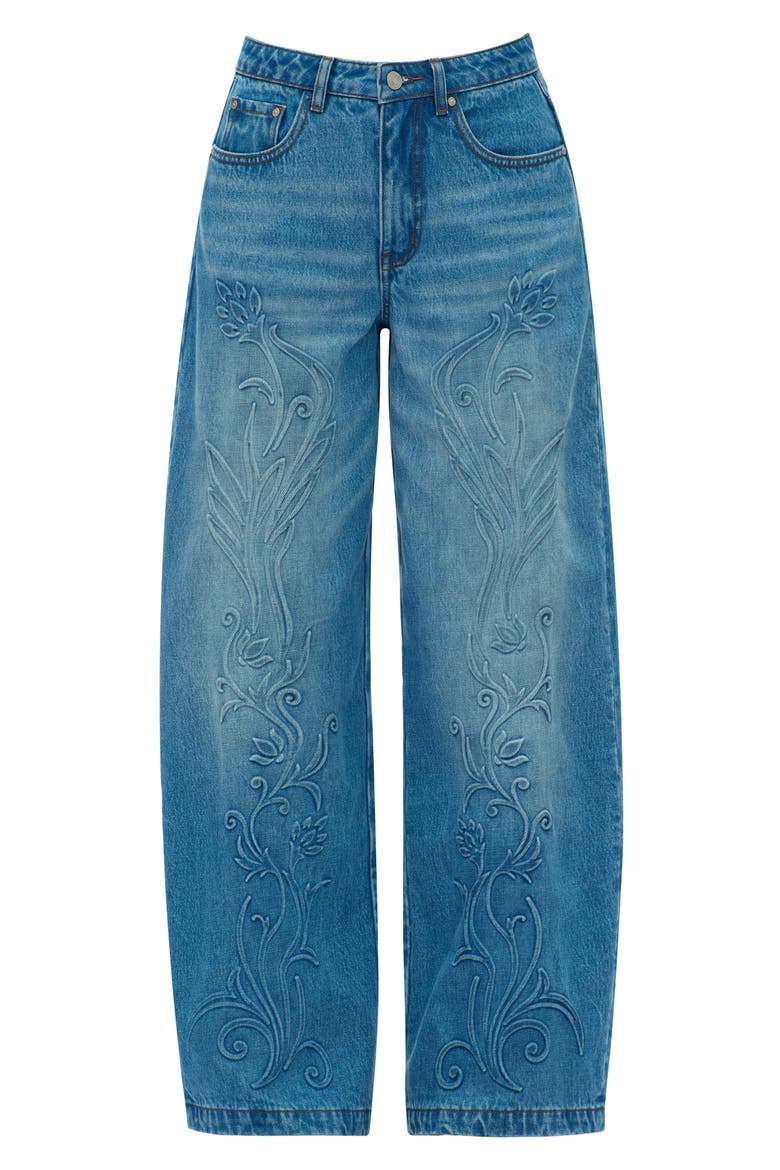 High Waist Embroidered Detail Wide Leg Jeans, Alternate, color, MEDIUM BLUE