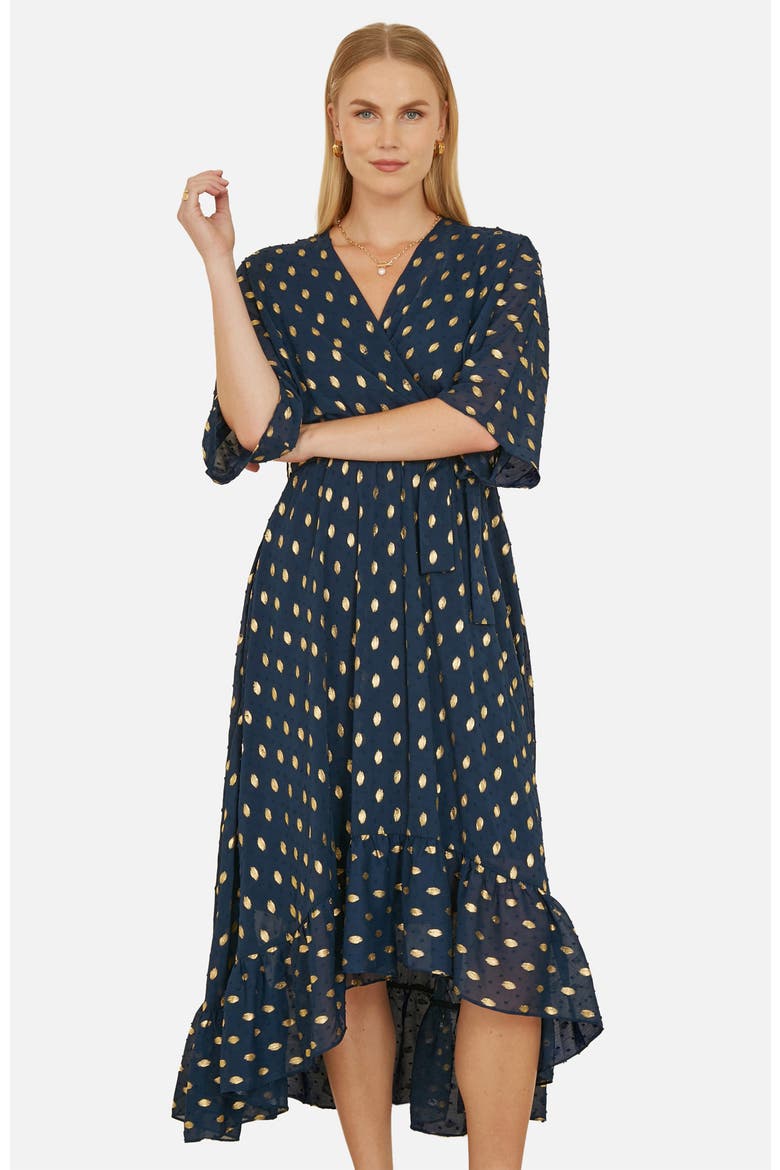 Foil Print Wrap Over Dress, Alternate, color, Navy