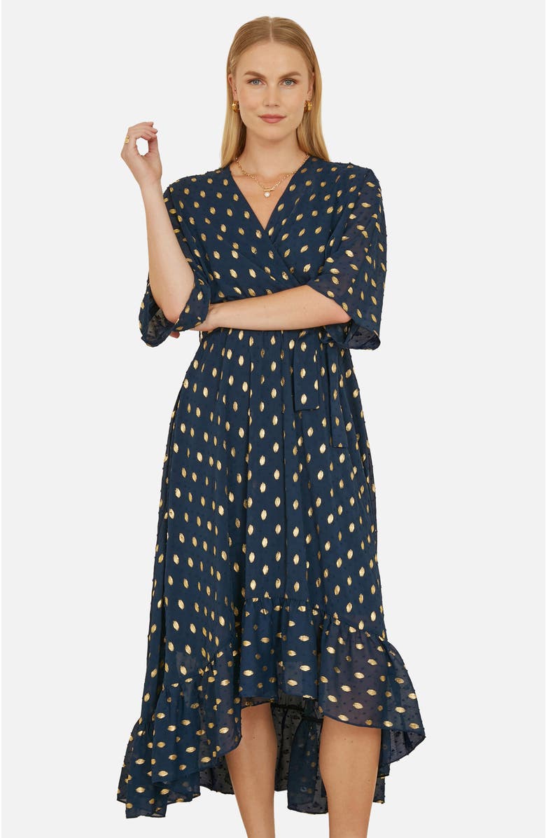 Yumi Foil Print Wrap Over Dress, Alternate, color, Navy
