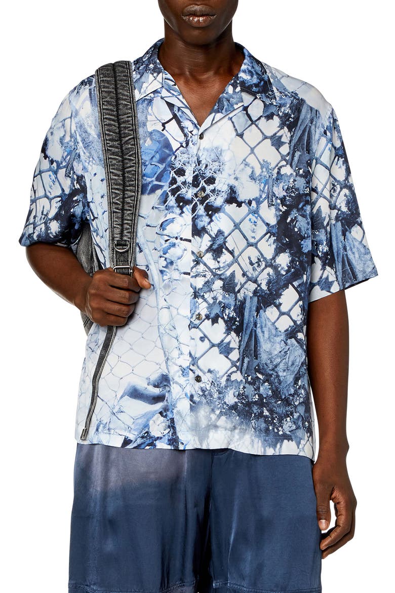 Bristol Camouflower Short Sleeve Camp Shirt, Main, color, DENIM