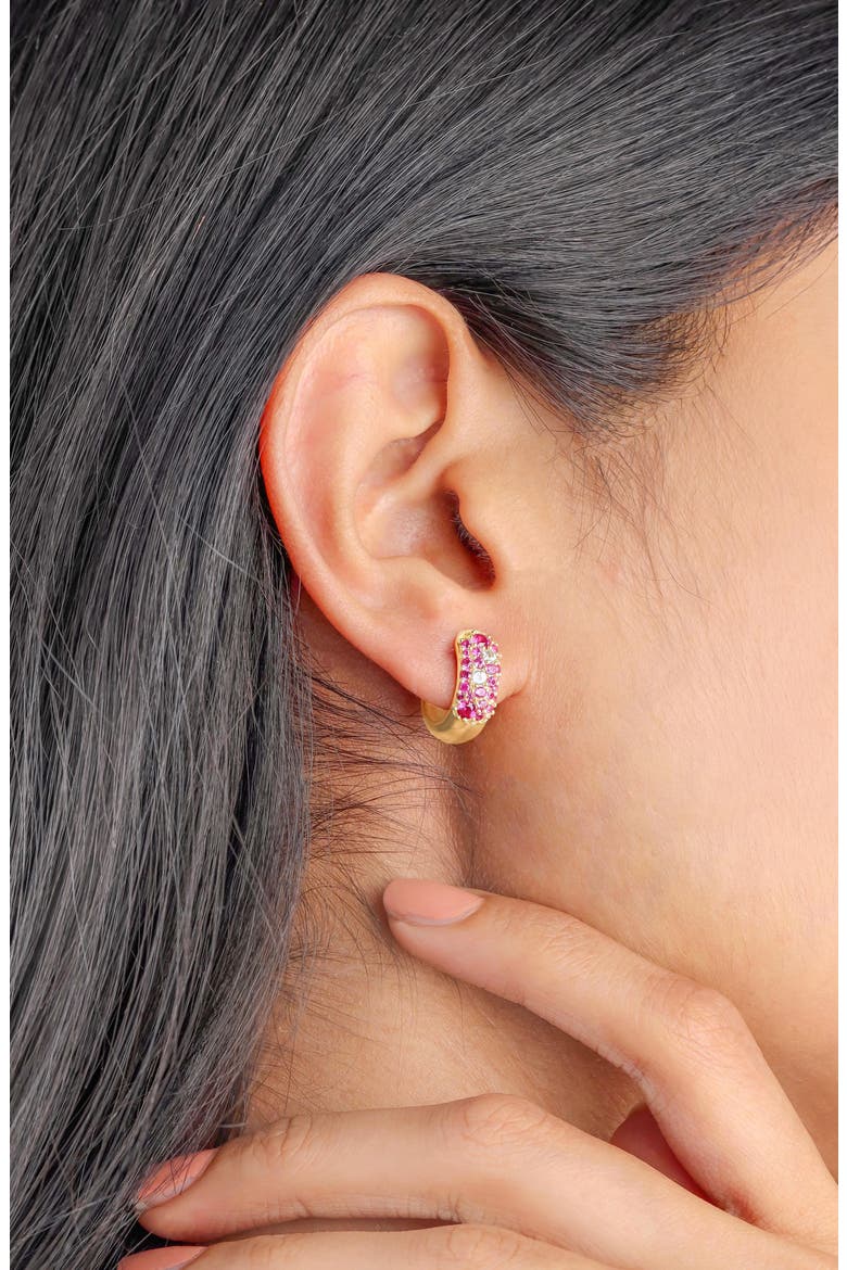 Lab Created Ruby Huggie Hoop Earrings, Alternate, color, PINK