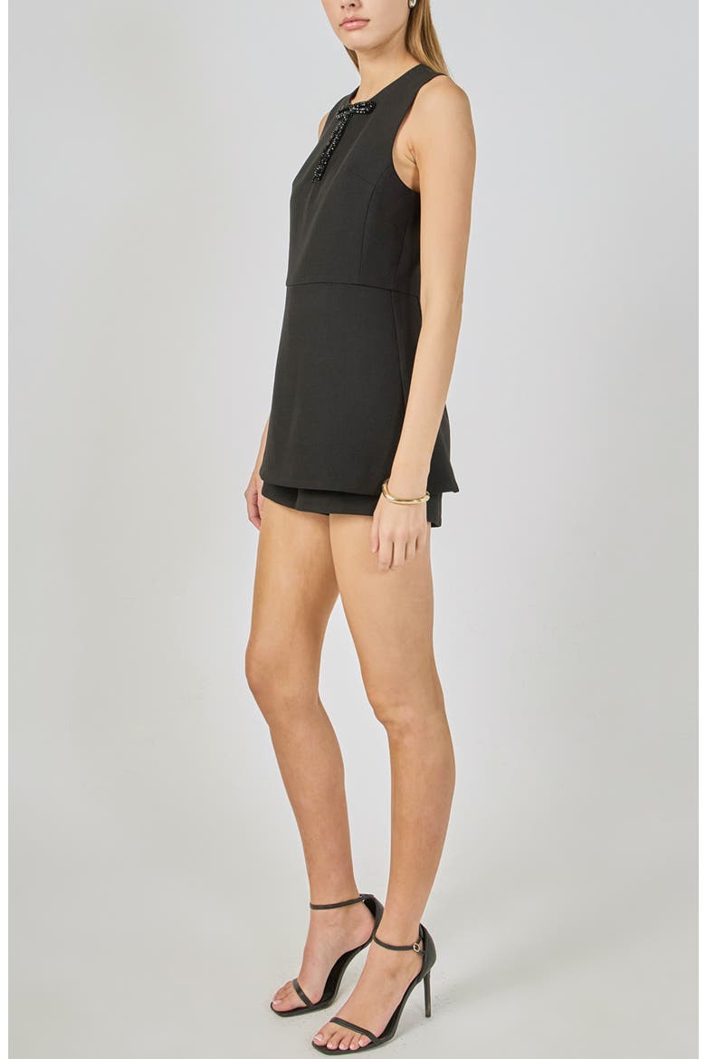 Bow Trimmed Sleeveless Romper, Alternate, color, BLACK