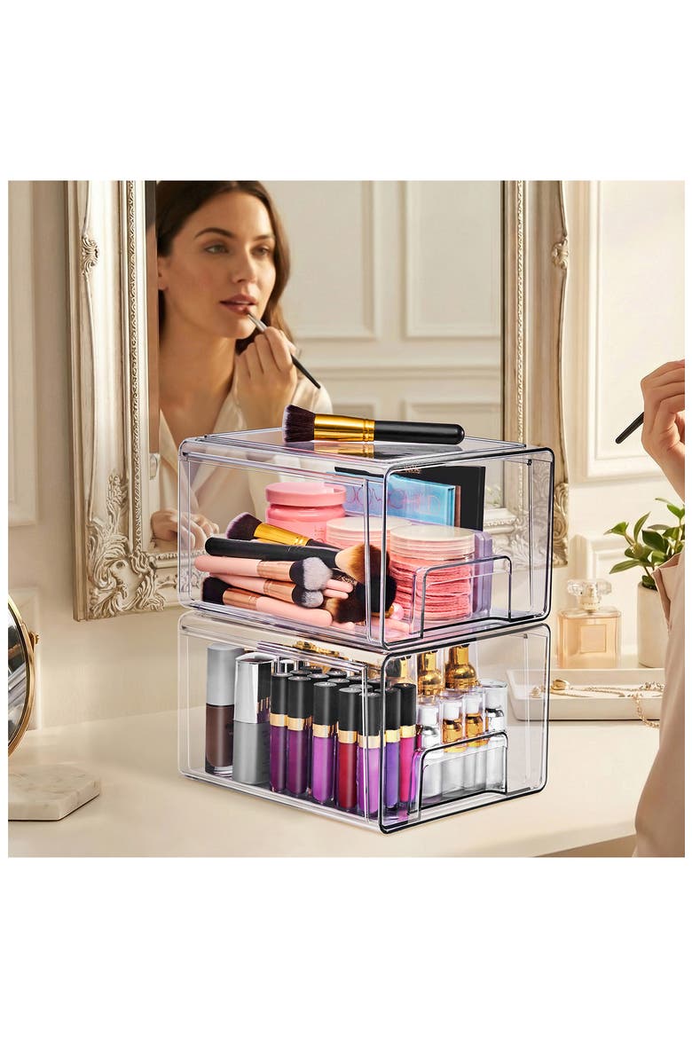 Set of 2 Large Stackable Storage Drawers, Alternate, color, CLEAR