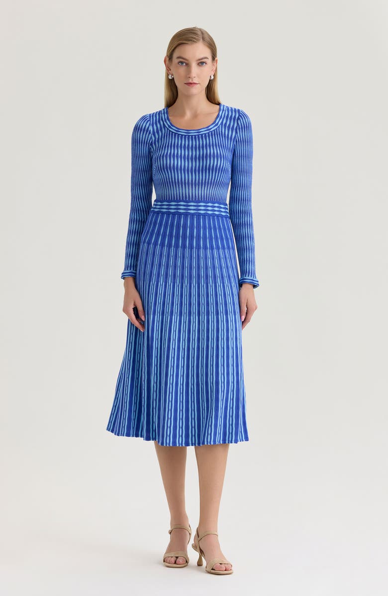 Ming Wang Linear Pointelle Lined Tonal Soft Knit Fit-N-Flare Midi Dress, Alternate, color, Sapphire Sea/Serene