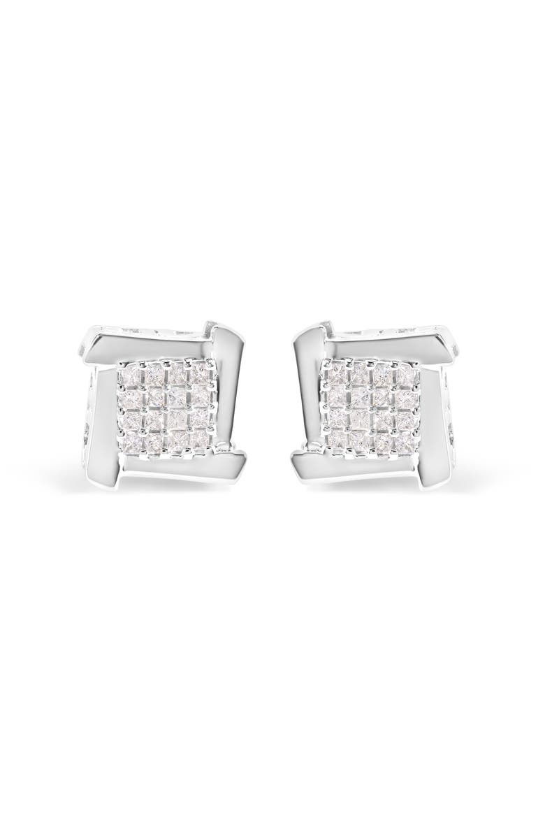 10K White Gold 1/2 Cttw Composite Princess Diamond Square and Swirl Stud Earrings, Main, color, White