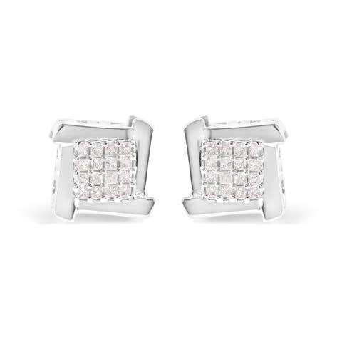 10K White Gold 1/2 Cttw Composite Princess Diamond Square and Swirl Stud Earrings