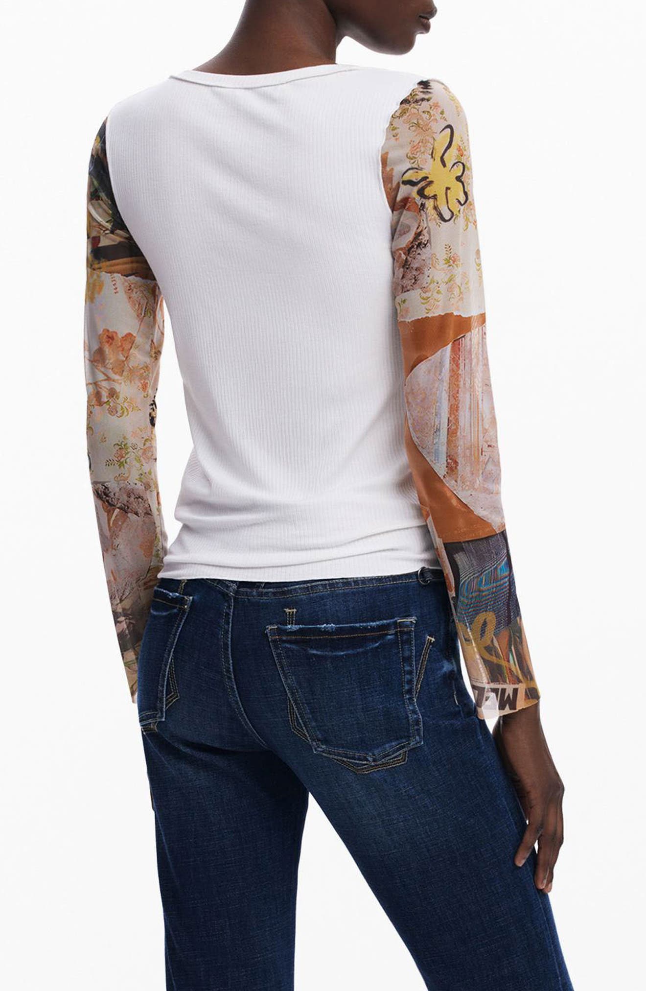 Mesh Sleeve Scoop Neck Rib Top - image 2