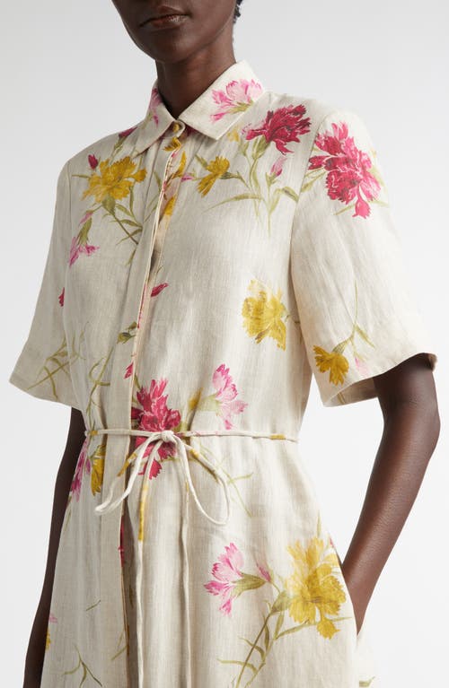 Shop Erdem Floral Print Belted Linen Shirtdress In Dancing Carnation Multi