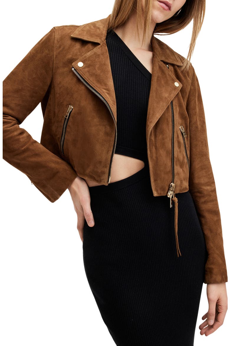 Dalby Crop Suede Moto Jacket, Main, color, SUGAR BROWN