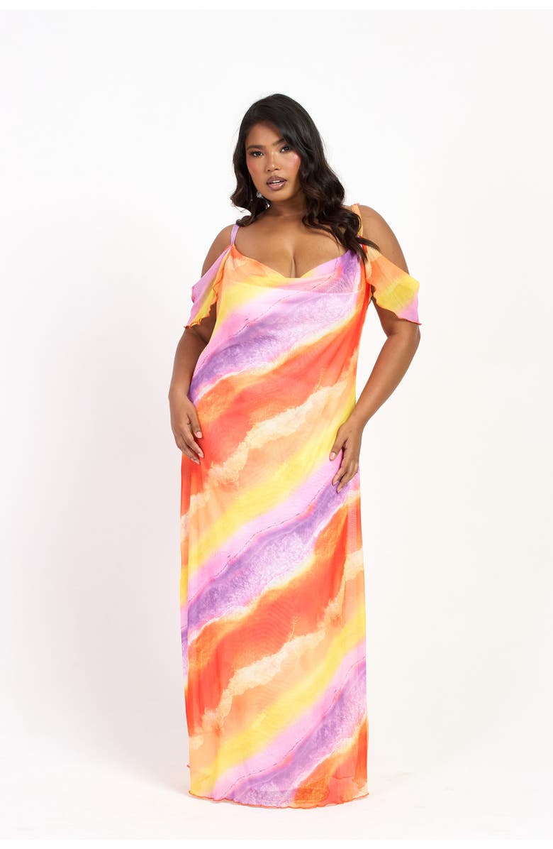 FASHION-SZN CURVE Cold Shoulder Marble Print Maxi Dress, Main, color, Purple