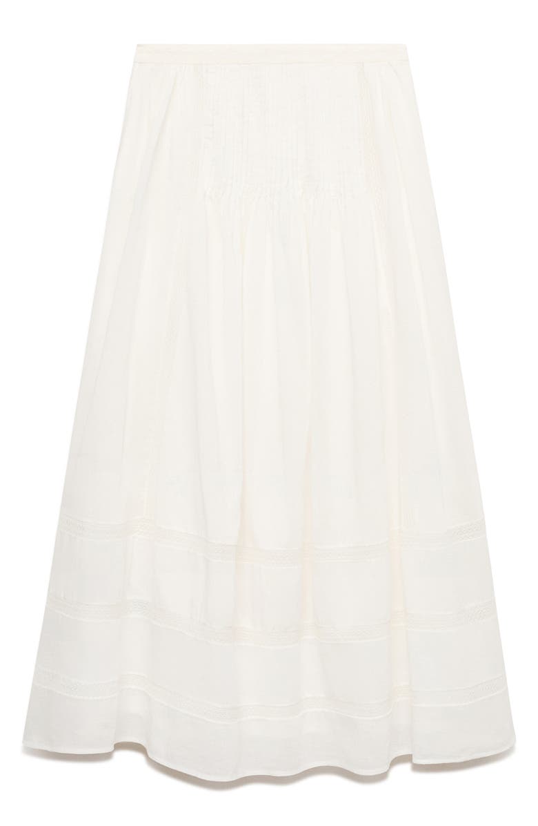 MANGO Pleated Lace Trim Cotton Midi Skirt, Alternate, color, White