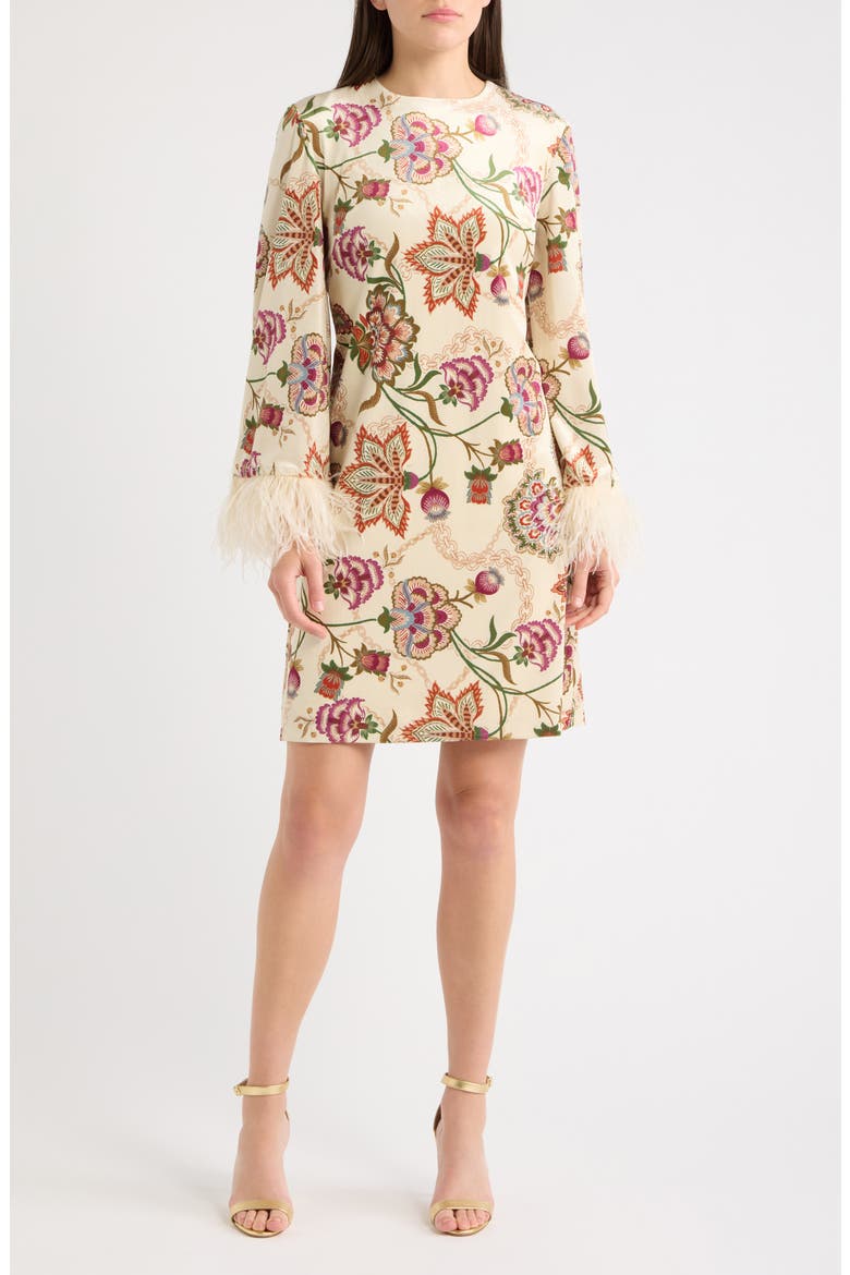 Feather Cuff A-Line Dress, Main, color, CREAM MULTI