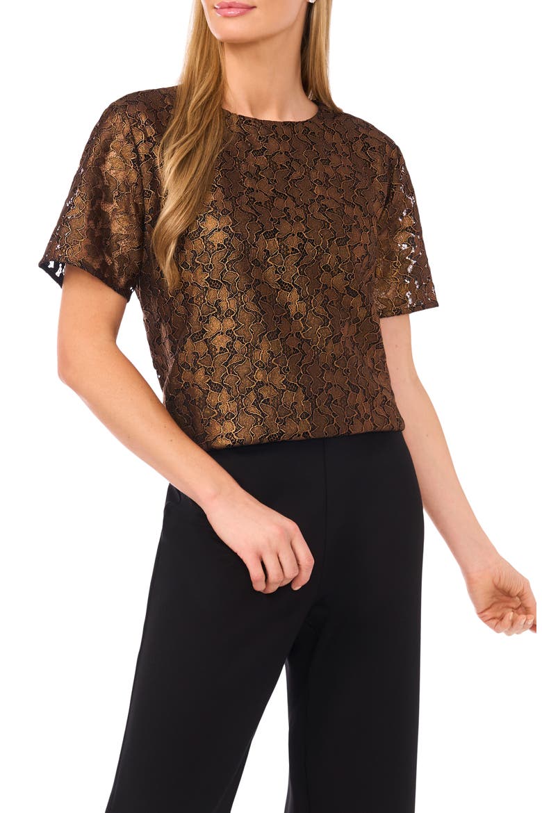 Lace Short Sleeve Top, Main, color, BRONZE