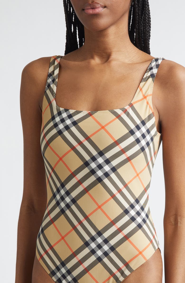 Burberry Sabina Check One-Piece Swimsuit, Alternate, color, Sand Ip Check