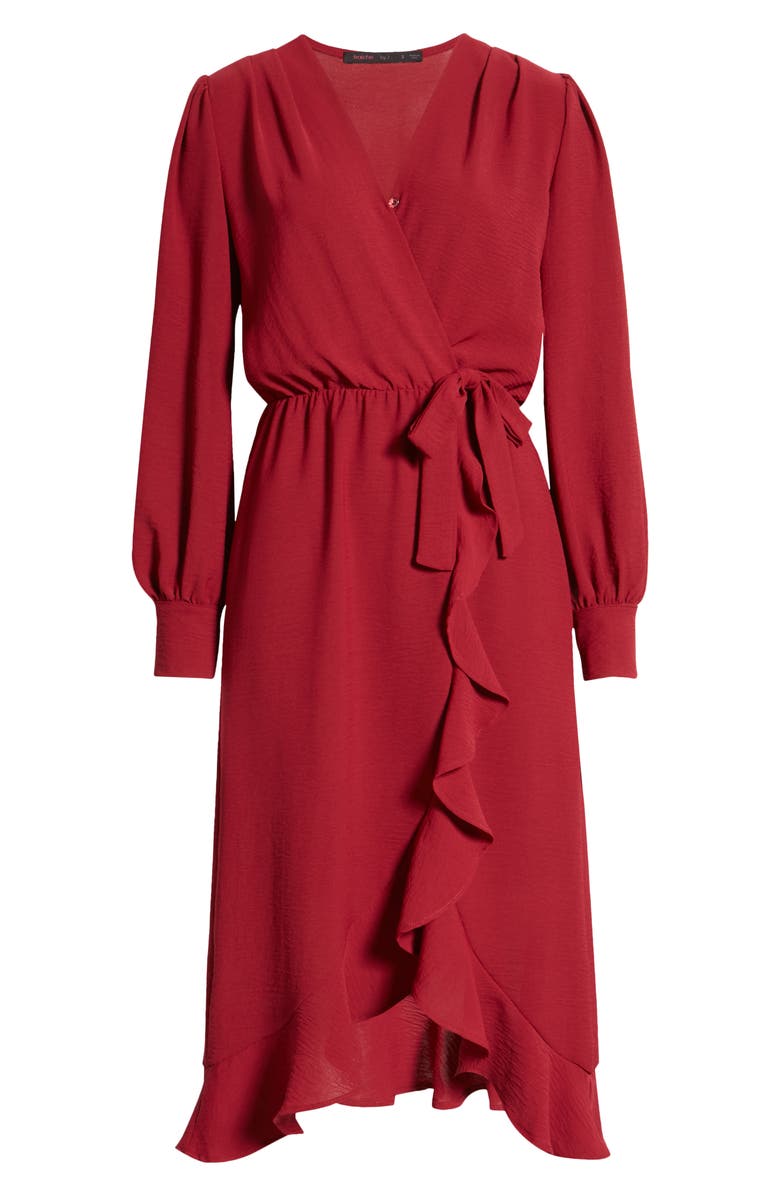 Fraiche by J Faux Wrap Ruffle Long Sleeve Dress, Alternate, color, Wine