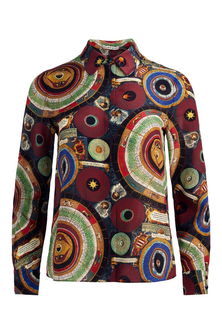 Willa Silk Button-Up Shirt, Alternate, color, HANDS OF TIME