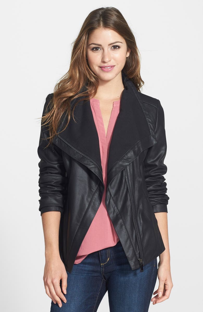 Tahari T Tahari Drape Collar Featherweight Leather Jacket, Main, color,