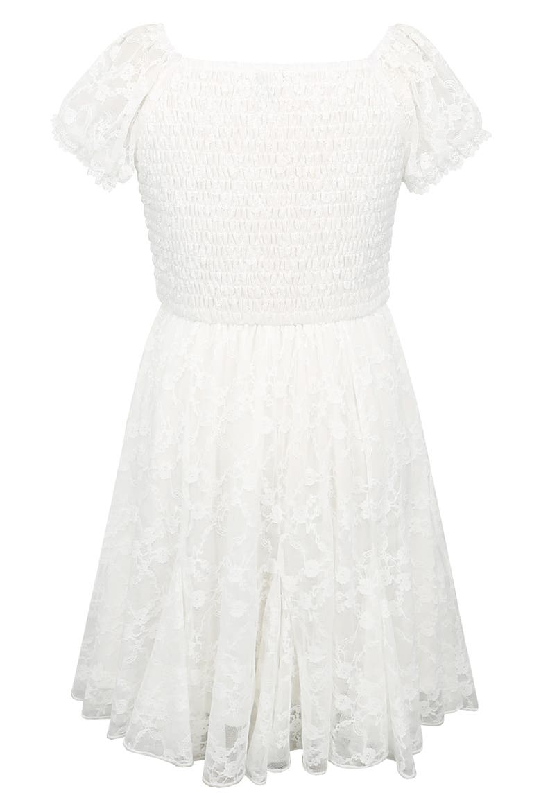 Kids' Puff Sleeve Stretch Lace Party Dress, Alternate, color, WHITE