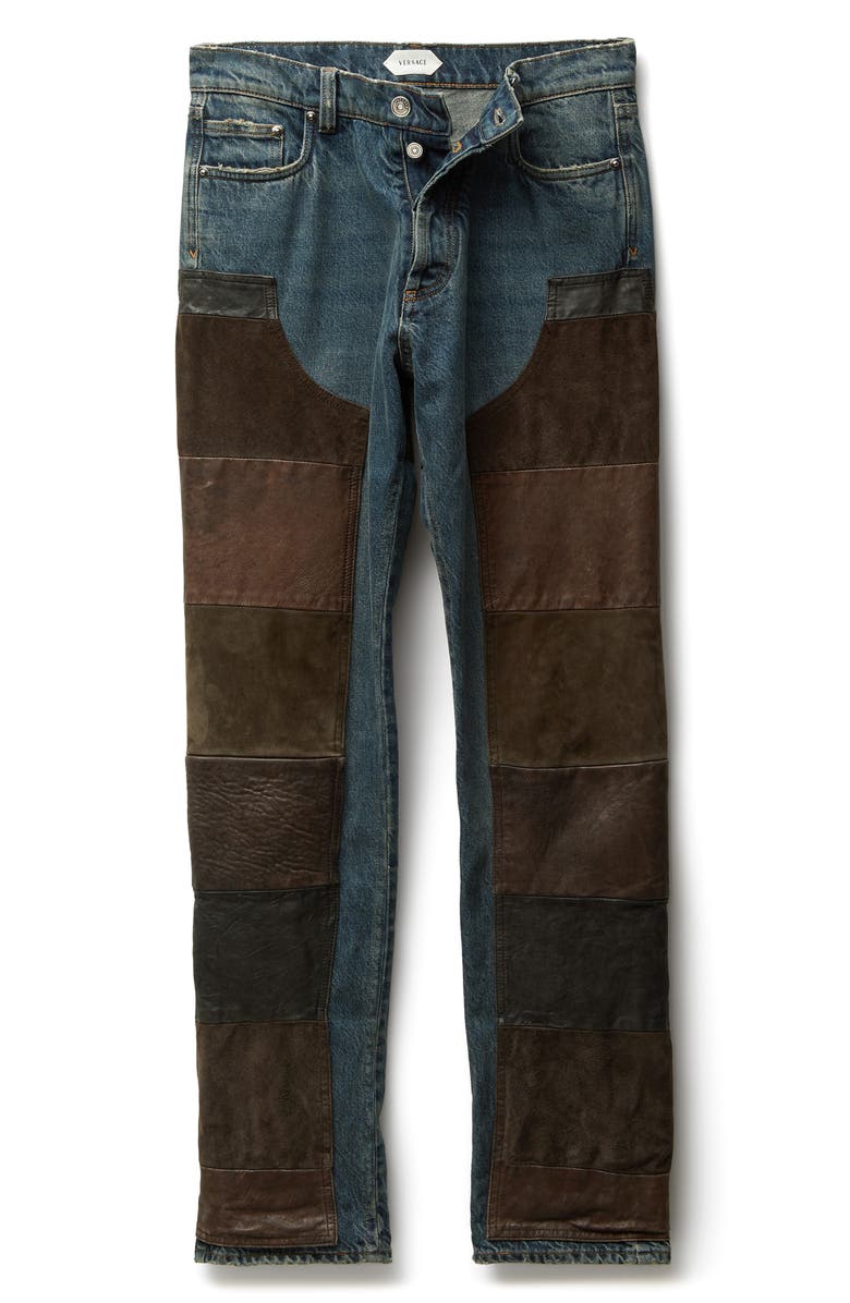 Versace Gender Inclusive Leather Patchwork Straight Leg Jeans, Alternate, color, Dirty Blue Brown