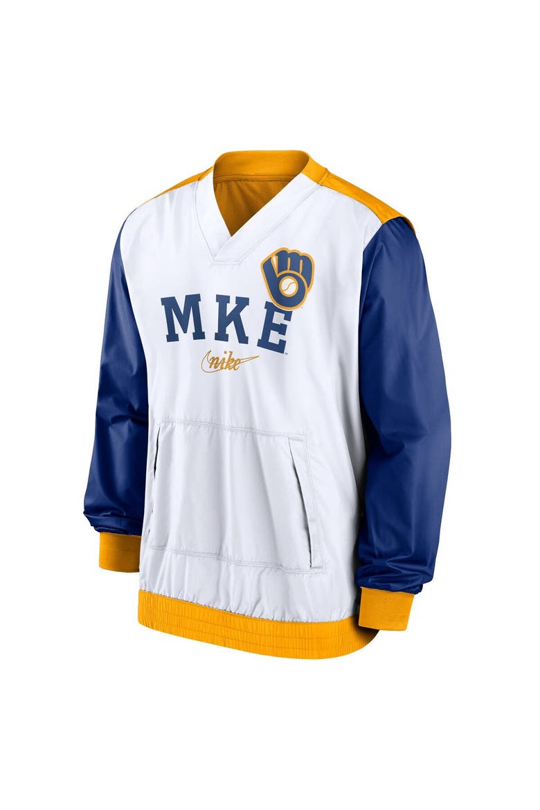 Men's Nike White/Gold Milwaukee Brewers Rewind Warmup V-Neck Pullover Jacket, Alternate, color, White