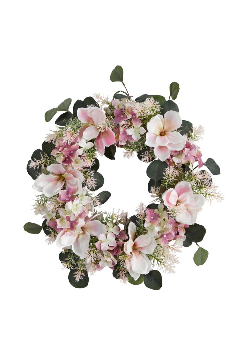 20-in Hydrangea and Magnolia Artificial Wreath, Main, color, Pink