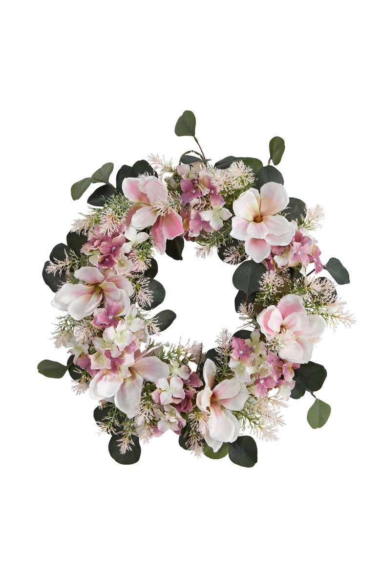NEARLY NATURAL 20-in Hydrangea and Magnolia Artificial Wreath, Main, color, Pink