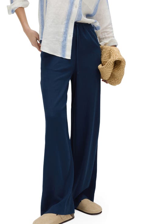 Linen Blend Wide Leg Drawstring Pants