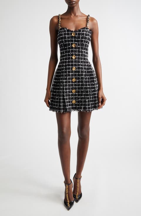 Chain Strap Check Tweed Fit & Flare Minidress