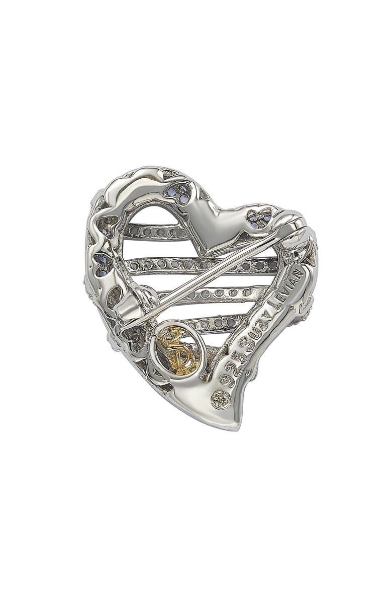 Wrapped Heart Sterling Silver White Sapphire Blue Sapphire Brown Diamond Brooch, Alternate, color, BLUE